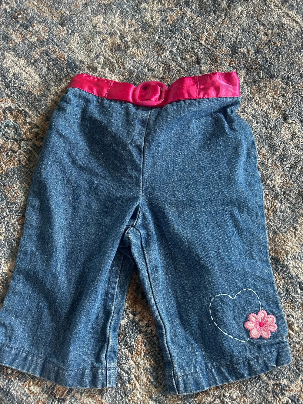 Vintage Girls Denim Capri Pants with Pink Waistband 3-6M